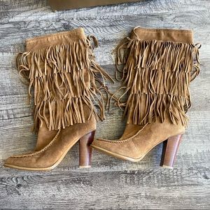 Camel color fringe moccasin high heel boots by Ralph Lauren